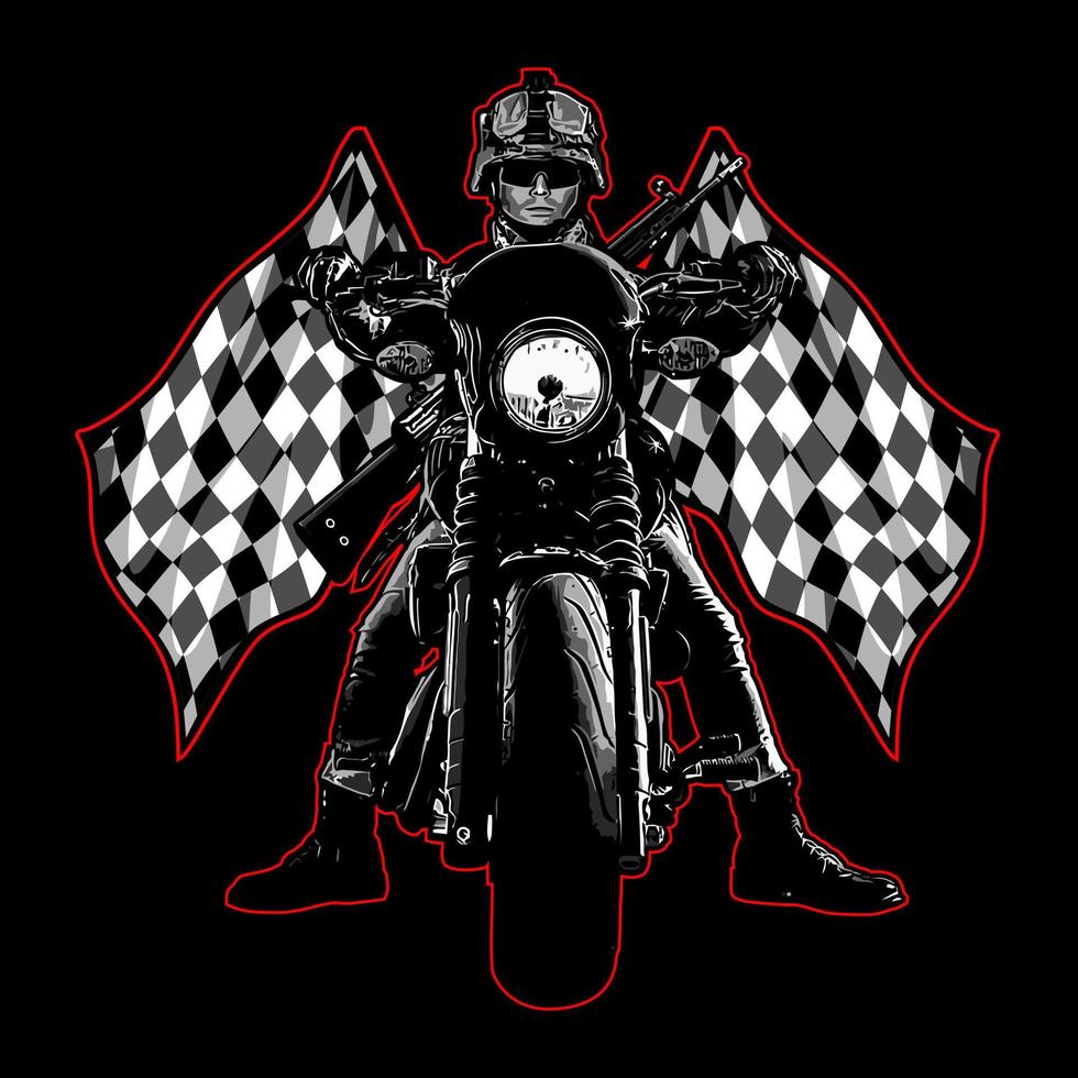 motociclista do exército e bandeira quadriculada... vetor