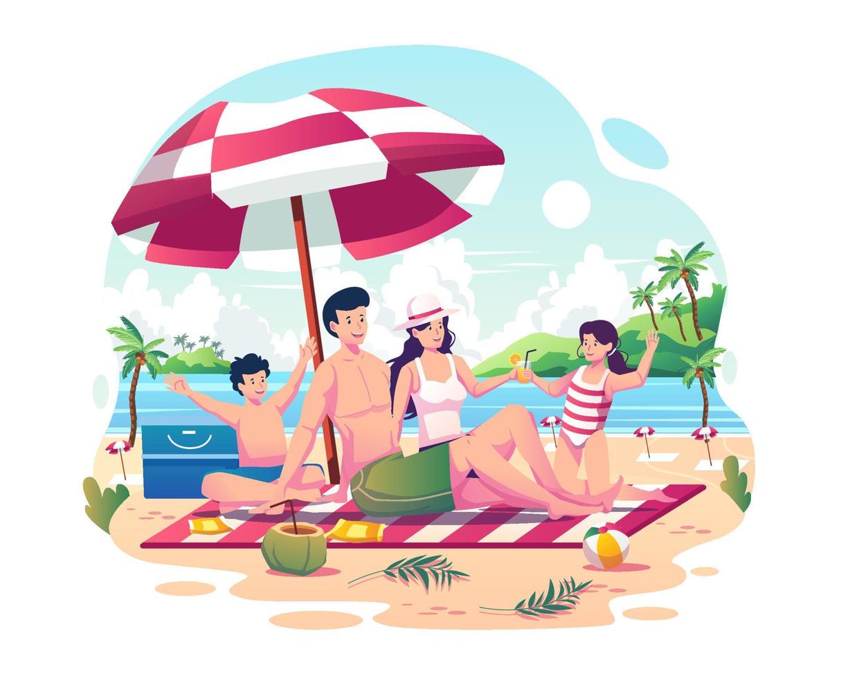 família feliz com dois filhos relaxando e curtindo o verão na praia. pai, mãe e filhos tomando banho de sol sentados sob uma ilustração vetorial de estilo plano de guarda-chuva vetor