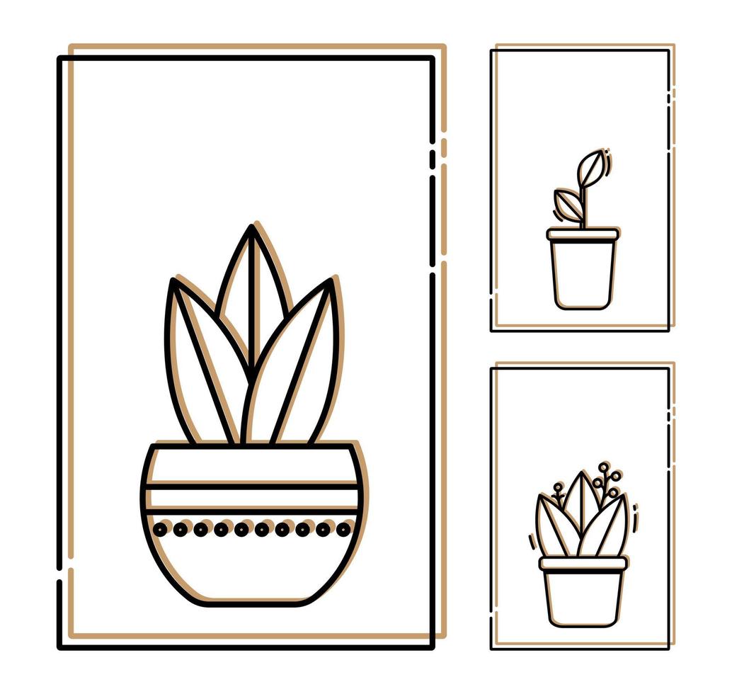 conjunto de ícones simples de duas cores estilo linear ou cartões de vasos de plantas em quadros em branco. ilustração vetorial vetor