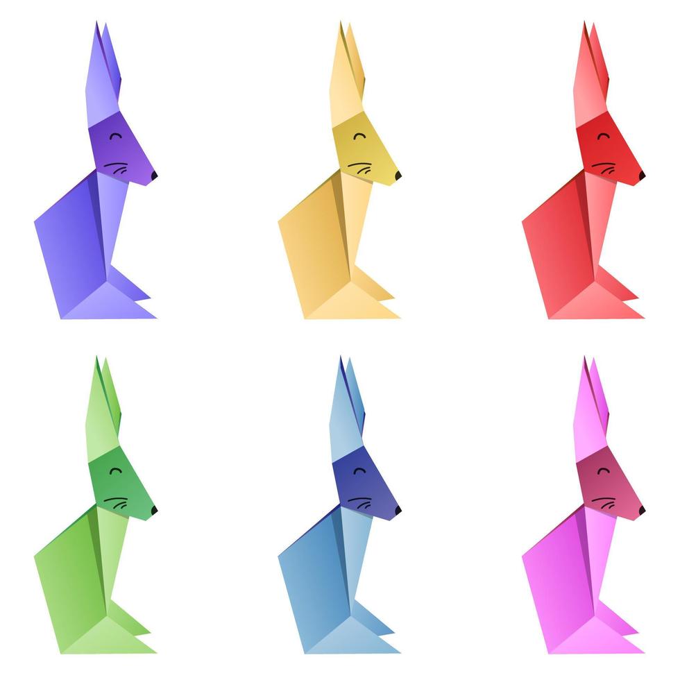 conjunto de figuras de coelho estilo origami com focinho desenhado. ilustração vetorial. isolado no fundo branco vetor