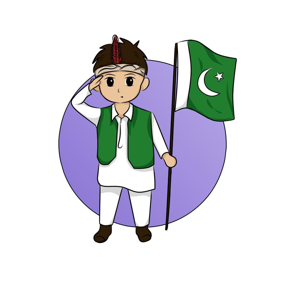 ilustração de um homem saudando e segurando uma bandeira paquistanesa adequada para a celebração do dia da independência do paquistão ou qualquer outra coisa vetor