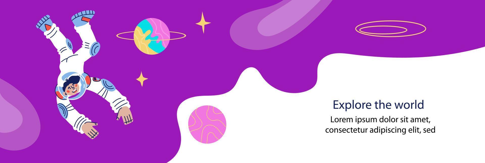 banner ou panfleto para modelo de dia de cosmonáutica com personagem de astronauta ou astronauta. pesquisa do universo, viagem espacial e conceito de exploração do mundo. ilustração em vetor plana dos desenhos animados.