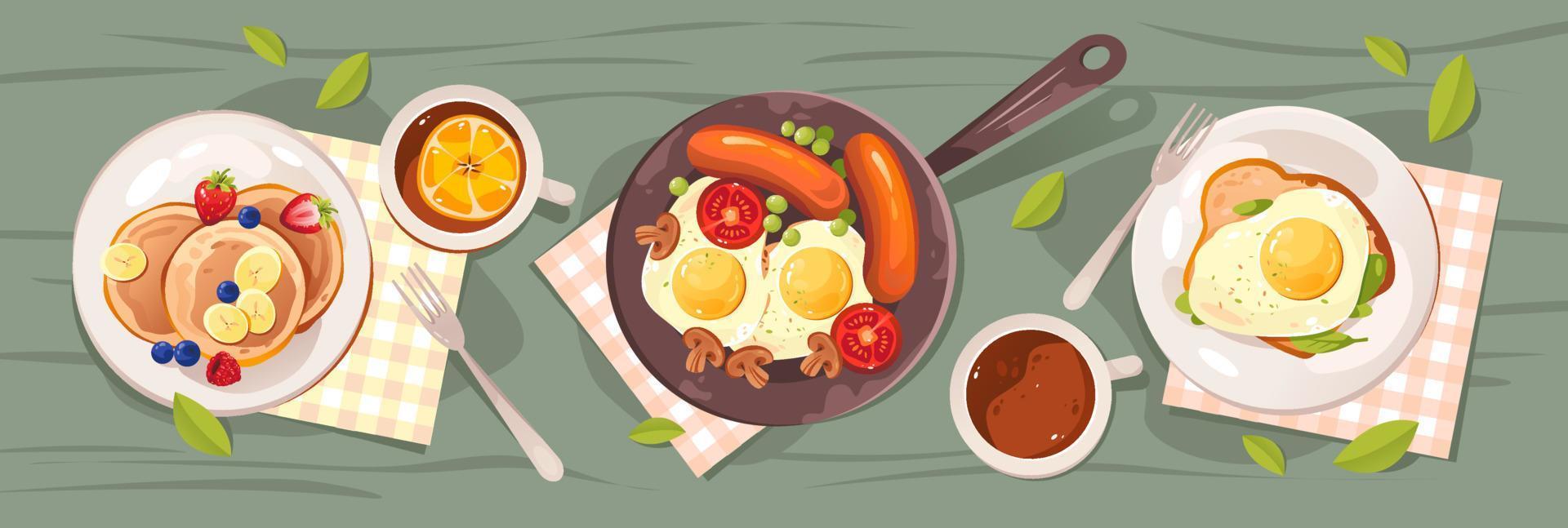 café da manhã na natureza. conjunto de comida de piquenique, ovos mexidos, salsichas, panquecas, frutas, café e chá. ilustração vetorial plana vetor