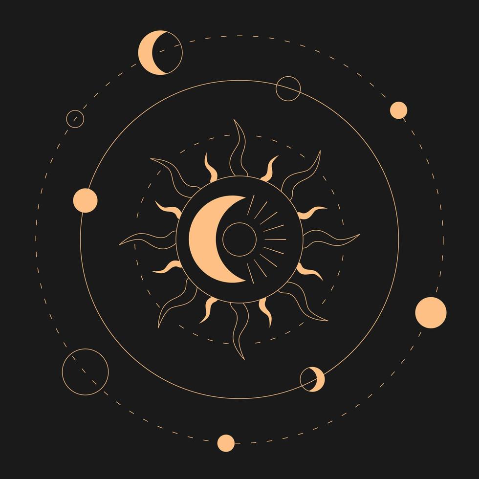 sol e lua celestes. bandeira mágica para astrologia, alquimia celestial. dispositivo do universo, sol crescente com a lua e planetas em um fundo preto. ilustração vetorial esotérica. vetor