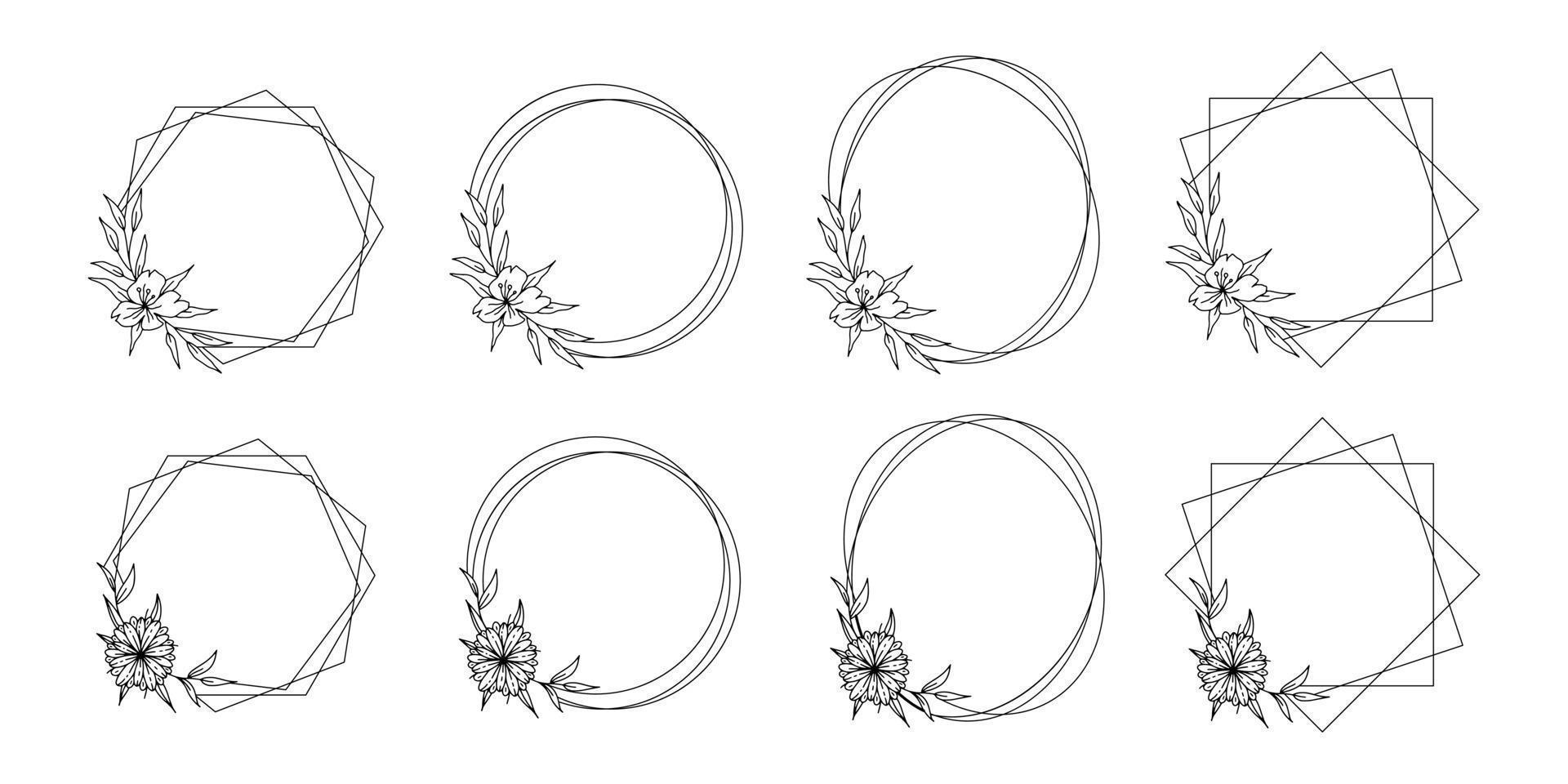 coleção de quadros florais de vetor geométrico. bordas decoradas com flores delicadas desenhadas à mão, galhos, folhas, flores. ilustração vetorial