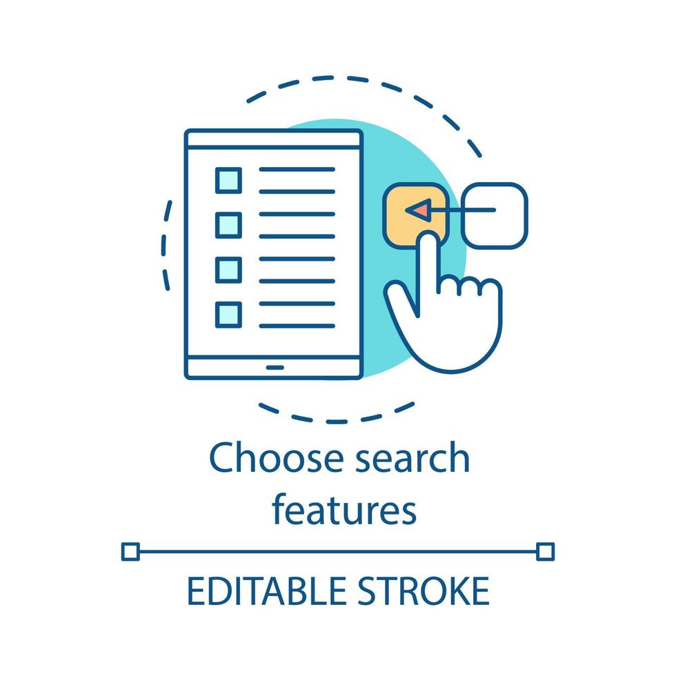 escolha o ícone do conceito de recursos de pesquisa. selecione a ilustração de linha fina de ideia de opções. pesquisa on-line. tablet com caixas de seleção. configurações de interruptores de mão. desenho de contorno isolado de vetor. traço editável vetor