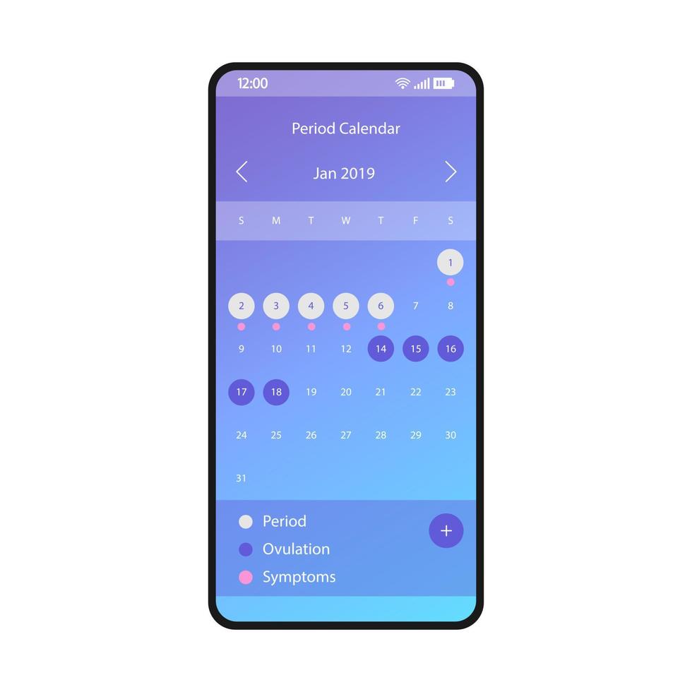 modelo de vetor de interface de smartphone de calendário de período. layout de design azul do aplicativo utilitário móvel de mulher. ciclo menstrual, ui gradiente plano rastreador de ovulação. aplicativo de telefone de lembrete de menstruação