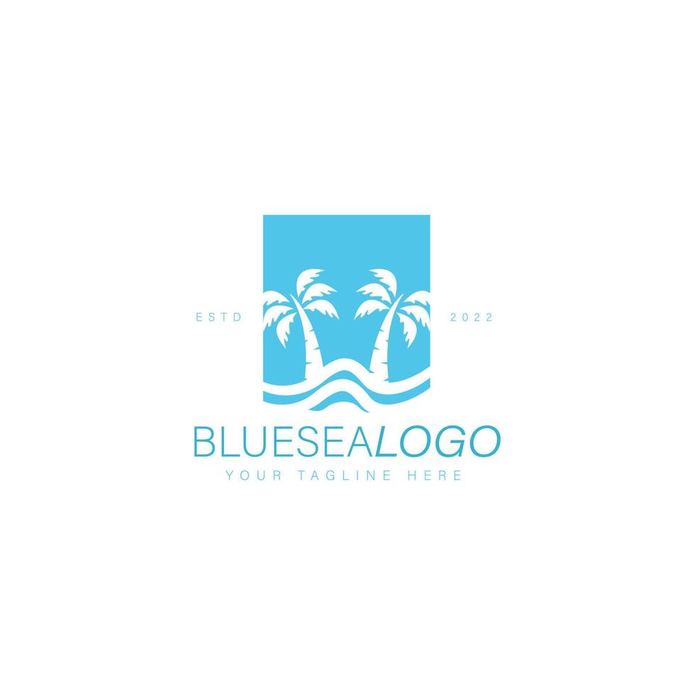 coqueiros com ícone de ilustração de design de logotipo de mar de onda azul vetor