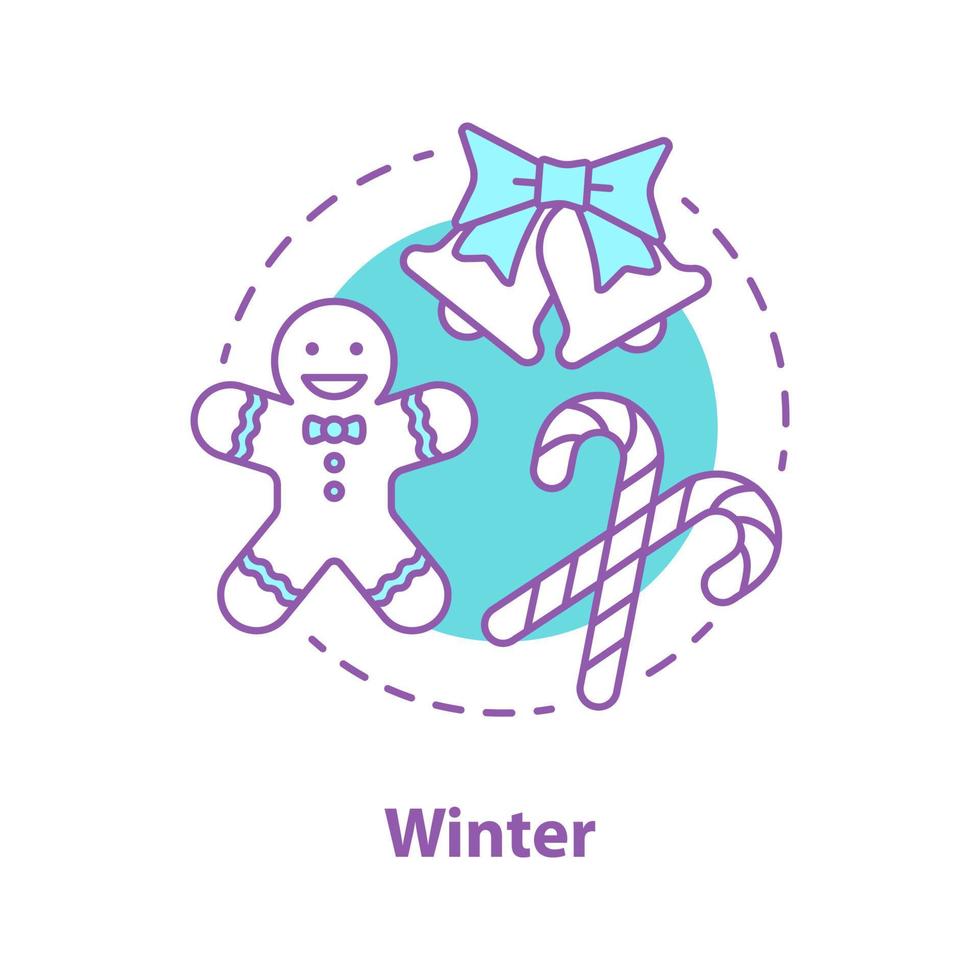 ícone do conceito de férias de inverno. ano novo ou ideia de decoração de festa de natal. ilustração de linha fina. pão de gengibre, pirulito, sinos. desenho de contorno isolado de vetor