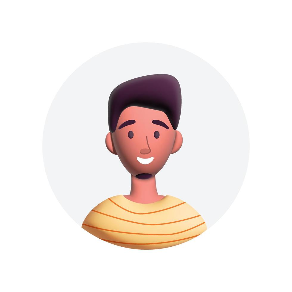 3D vector jovem sorridente com tom de pecado escuro e cabelo preto. ilustração de estilo de personagem mínimo bonito dos desenhos animados de pessoas. avatar do usuário em moldura redonda isolada no fundo branco.
