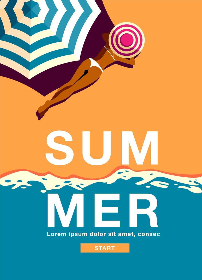 poster vertical de verão com mulher deitada na praia vetor