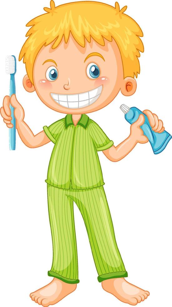 menino de pijama segurando a escova de dentes e pasta de dente vetor