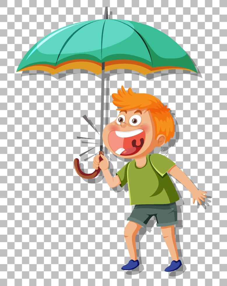um menino segurando guarda-chuva rindo no fundo da grade vetor