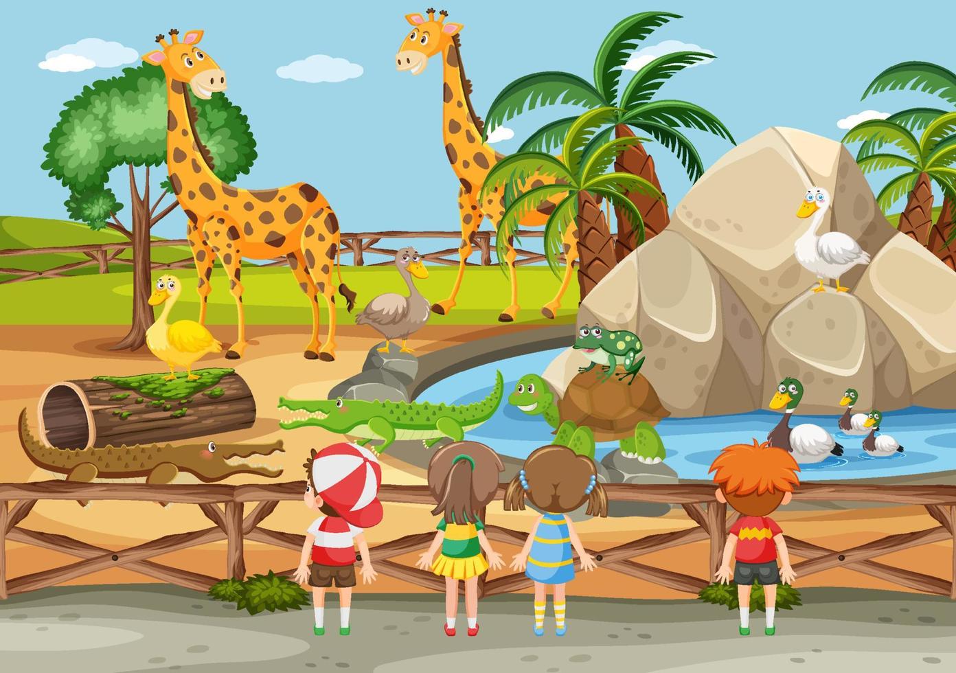 crianças felizes no zoológico vetor