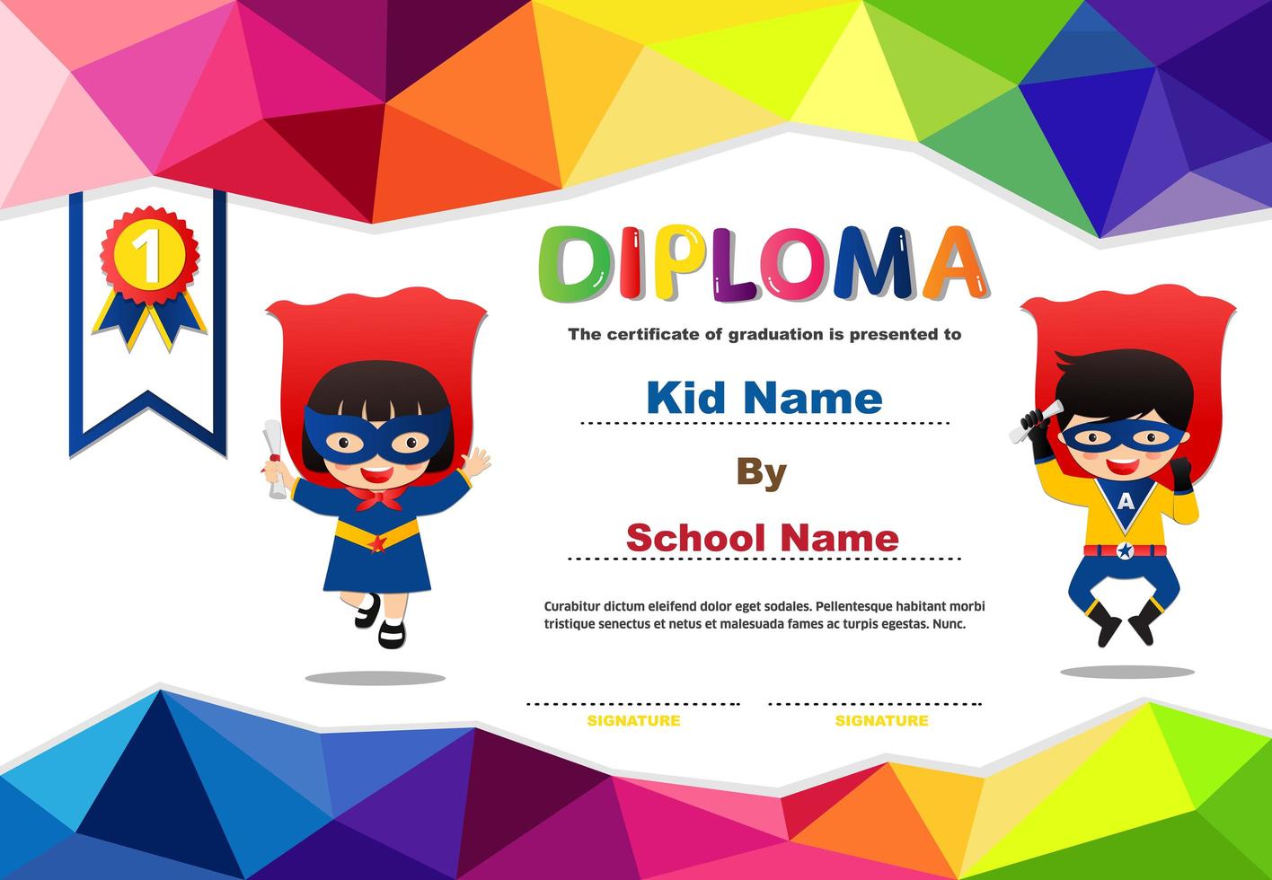 diploma de crianças de super-herói pré-escolar de polygona vetor