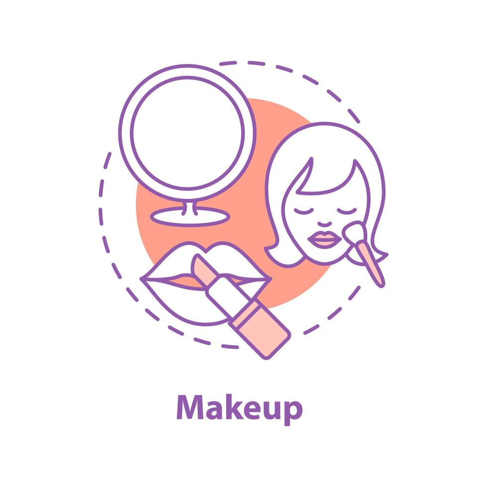 ícone do conceito de maquiagem. ilustração de linha fina de ideia de cosméticos. batom, espelho e rouge facial. desenho de contorno isolado de vetor