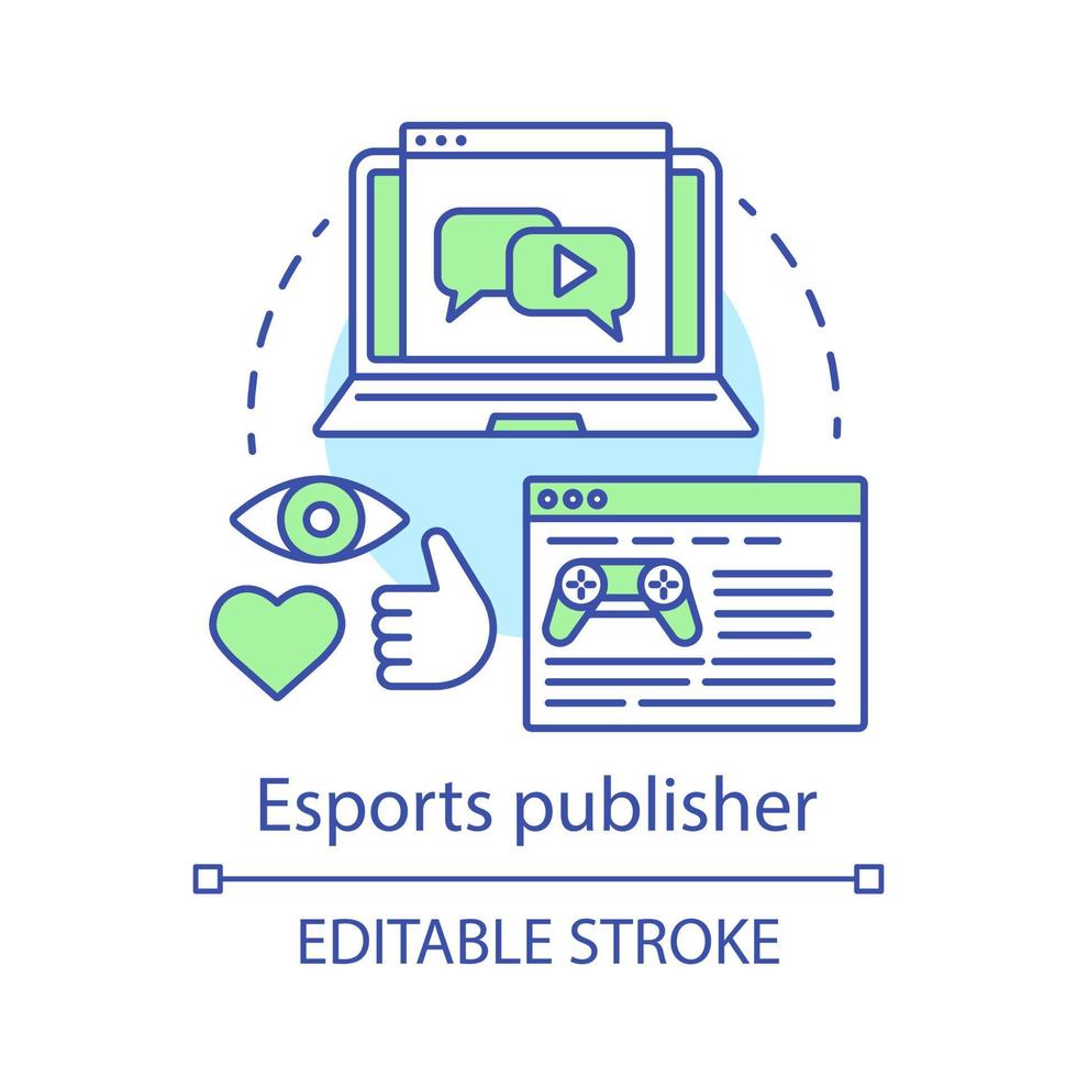 ícone de conceito de editor de esports. recurso informativo de e-sports popular. blog de jogos. ilustração de linha fina de ideia de publicação de revisão de jogo. desenho de contorno isolado do vetor. curso editável vetor