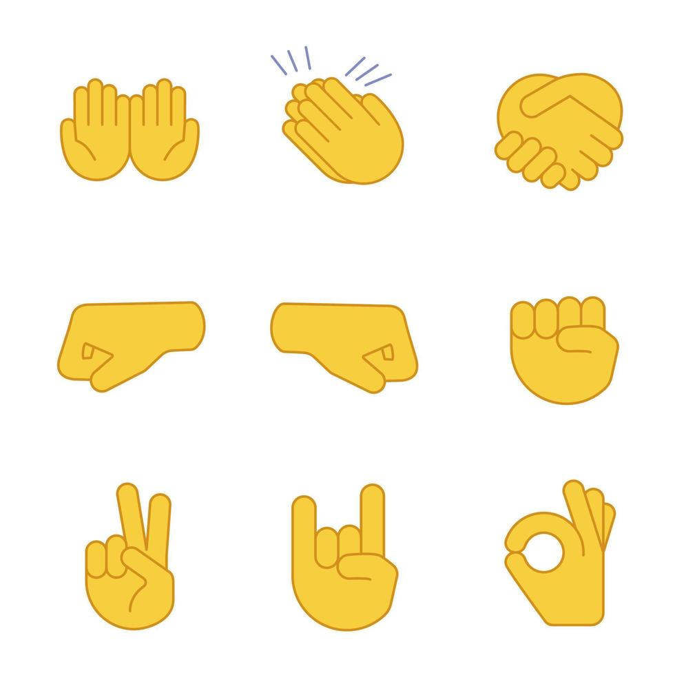 conjunto de ícones de cores de emojis de gesto de mão. implorando, aplausos, aperto de mão, punhos esquerdo e direito, paz, rock on, ok gesticulando. mãos trêmulas, em forma de concha e batendo palmas. ilustrações vetoriais isoladas vetor