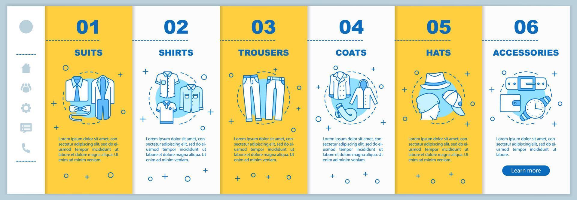 roupas masculinas e acessórios integrando o modelo de vetor de páginas da web móvel. saias, calças, casacos, ternos, chapéus. interface de site de smartphone responsivo. tela passo a passo da página da web. conceito de cor