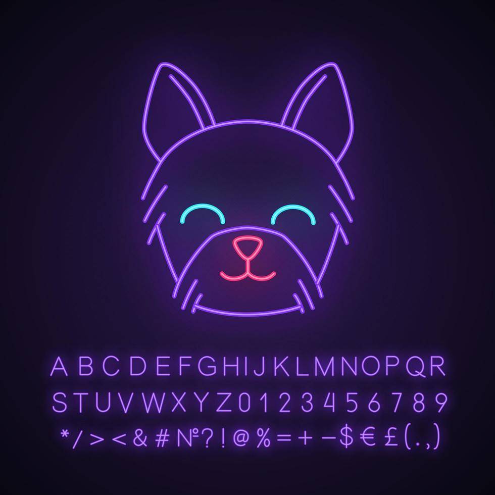 personagem de luz neon kawaii bonito de yorkshire terrier. cão com focinho sorridente. olhos sorridentes de animais. emoji engraçado, emoticon. ícone brilhante com alfabeto, números, símbolos. ilustração vetorial isolada vetor