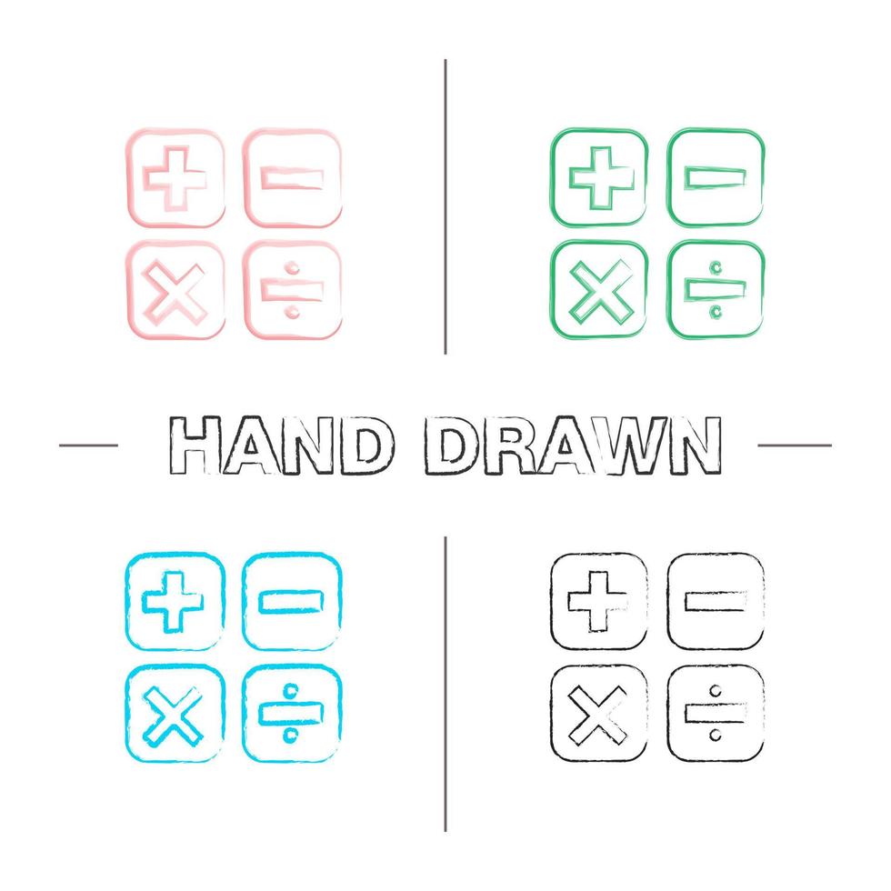 símbolos de matemática mão desenhada conjunto de ícones. cálculo. matemática elementar. mais, menos, multiplicar, dividir. pincelada de cor. ilustrações esboçadas vetoriais isoladas vetor