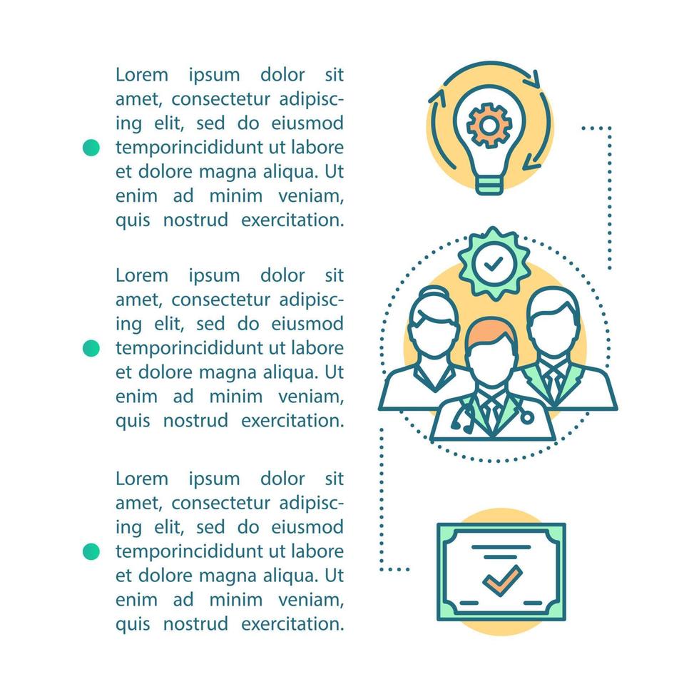 modelo de vetor de página de artigo de equipe de médicos profissionais. especialistas médicos. brochura, revista, elemento de design de livreto com ícones e caixas de texto. design de impressão. ilustrações de conceito com espaço de texto