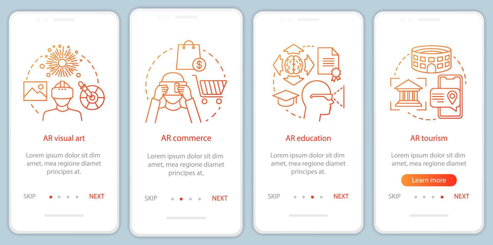 ar tecnologia de integração da tela da página do aplicativo móvel com conceitos. comércio de realidade aumentada, artes visuais, educação, turismo passo a passo instruções gráficas. ux, ui, modelo de vetor gui com ícones