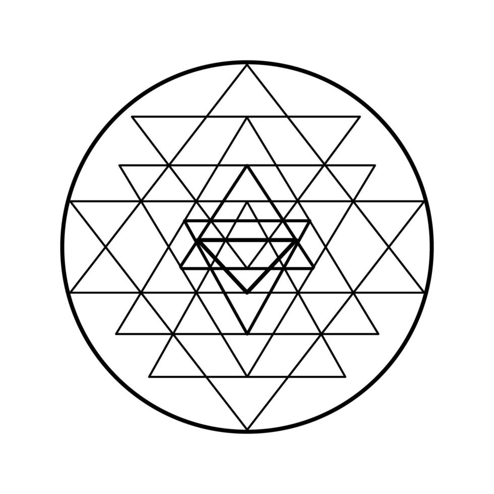 símbolo shri yantra chakra, diagrama místico cósmico com estrelas em fundo escuro. ilustração de geometria sagrada. vetor