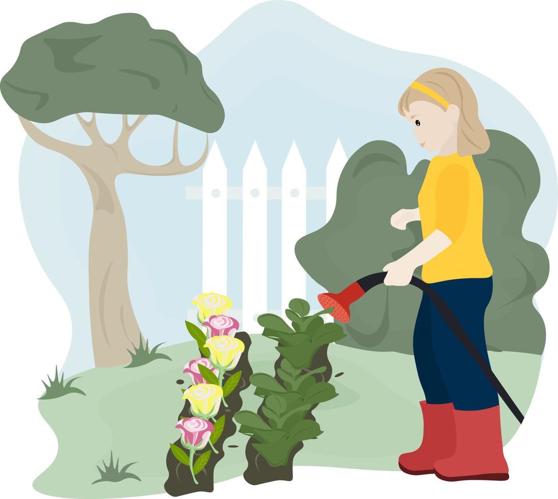 menina regando flores no jardim vetor