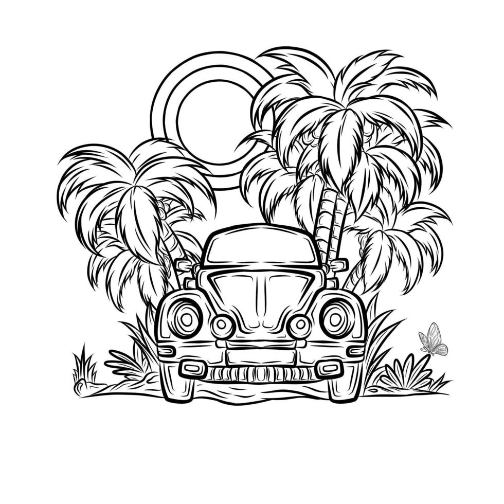 carro vetorial no desenho de tatuagem de arte de linha de praia vetor