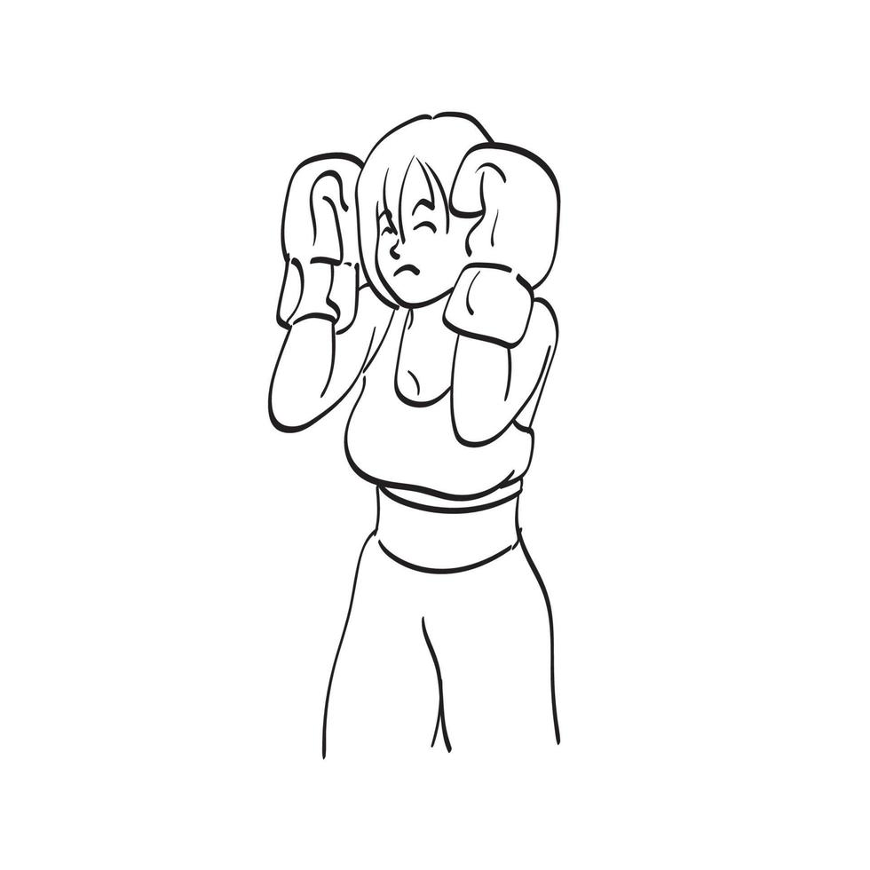 arte de linha metade do comprimento da mulher com luvas de boxe ilustração vetorial desenhada à mão isolada no fundo branco vetor