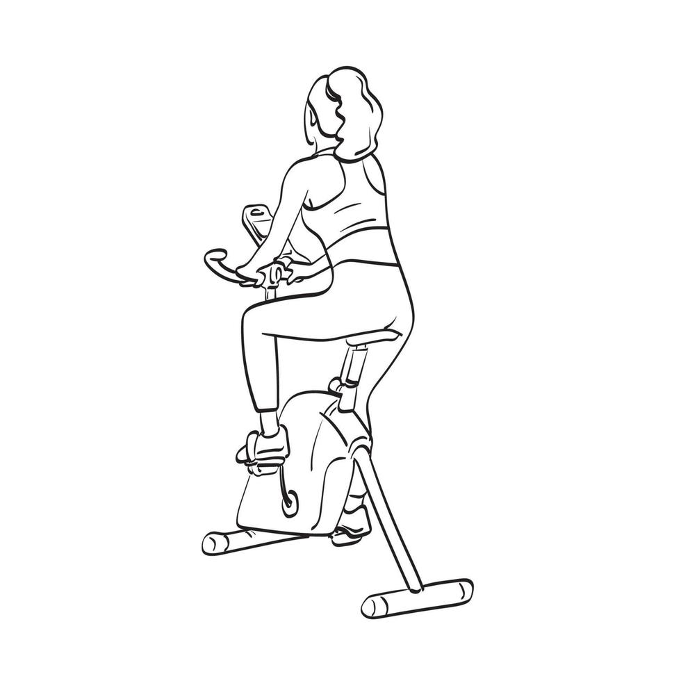 mulher de fitness vista traseira malhando na bicicleta ergométrica no ginásio ilustração vetorial mão desenhada isolada na arte de linha de fundo branco. vetor