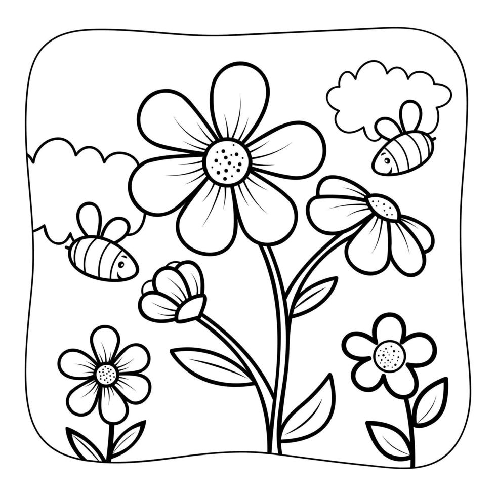 flor e abelhas preto e branco. livro para colorir ou página para colorir para crianças. ilustração vetorial de fundo da natureza vetor