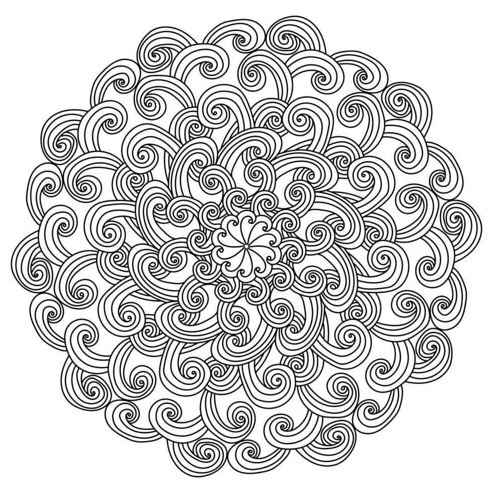 desenho de mandala de doodle de contorno simétrico de cachos ondulados, anti-stress redondo vetor