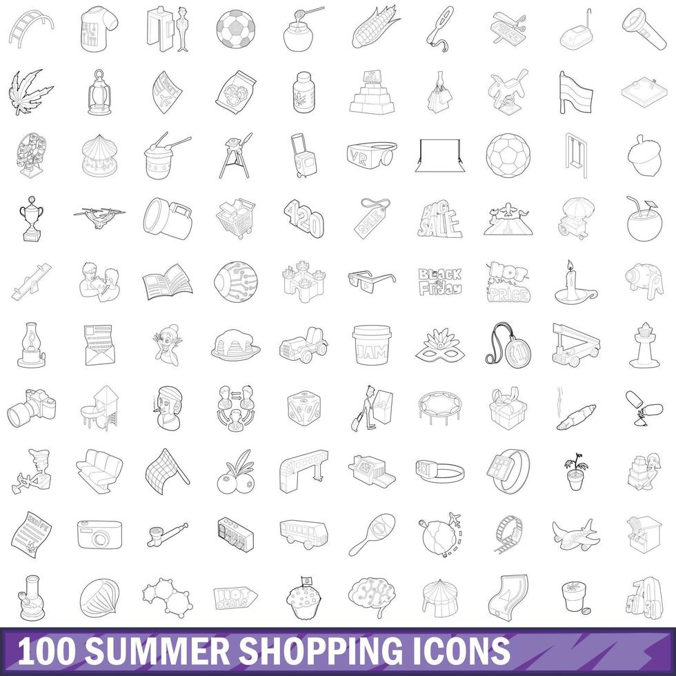 Conjunto de 100 ícones de compras de verão, estilo de contorno vetor