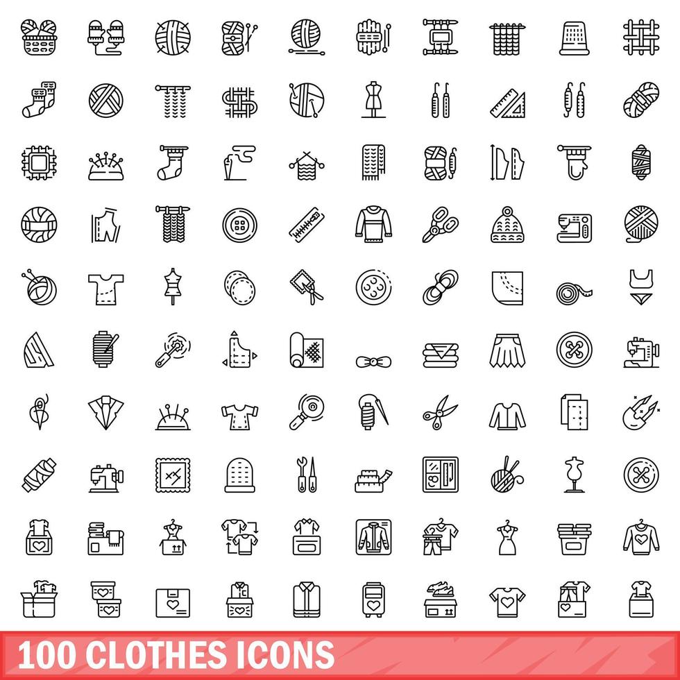 conjunto de 100 ícones de roupas, estilo de contorno vetor