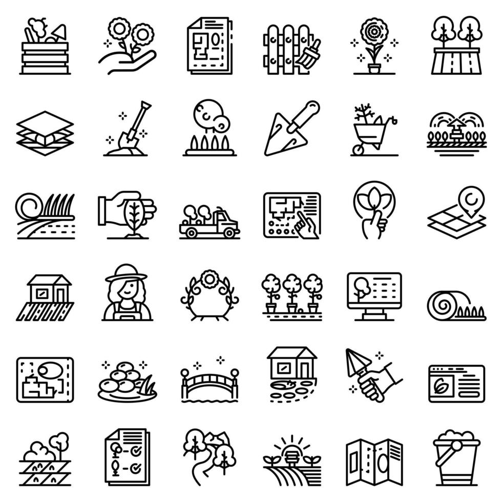 conjunto de ícones de designer de paisagem, estilo de estrutura de tópicos vetor
