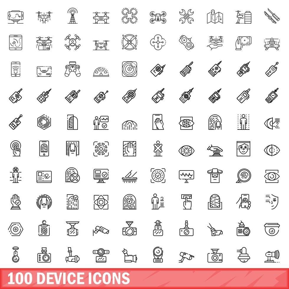 conjunto de 100 ícones de dispositivo, estilo de estrutura de tópicos vetor