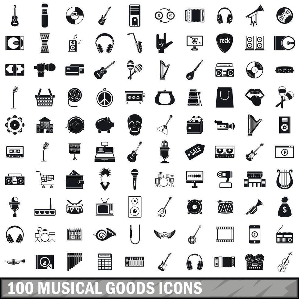 Conjunto de 100 ícones de bens musicais, estilo simples vetor