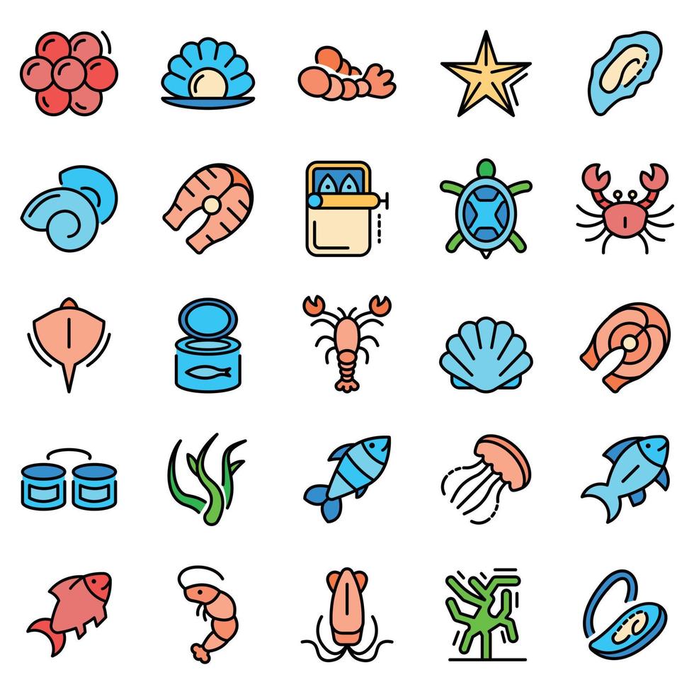 conjunto de ícones de frutos do mar, estilo de contorno vetor