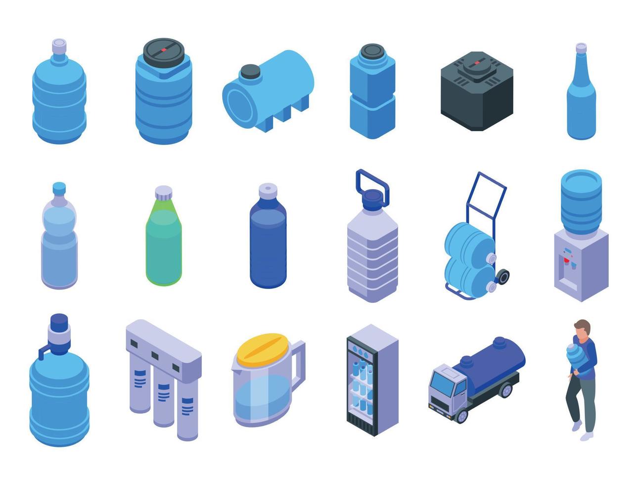 ícones de entrega de água definir vetor isométrico. galão mais frio