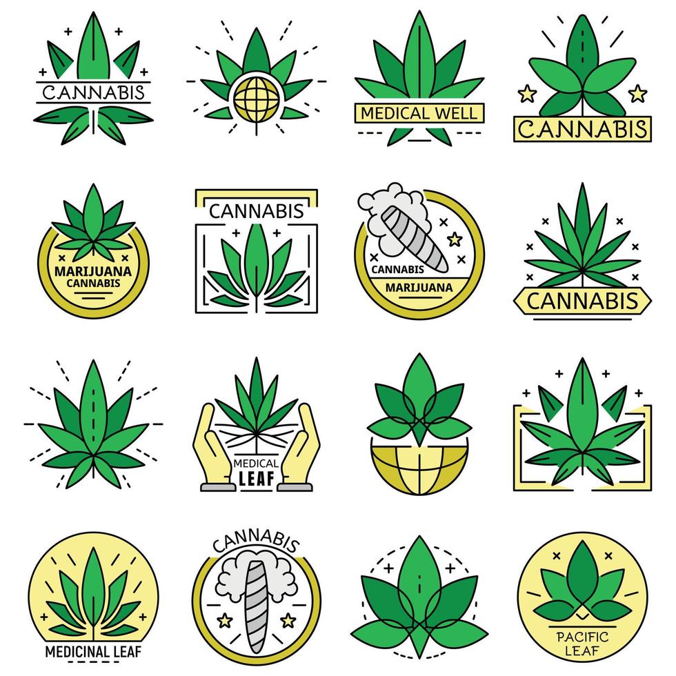 conjunto de logotipo de cannabis, estilo de contorno vetor