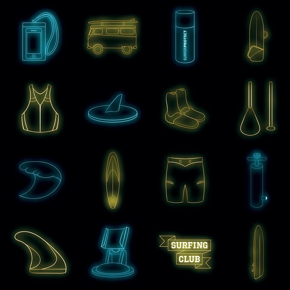 ícones de surf definir vetor neon