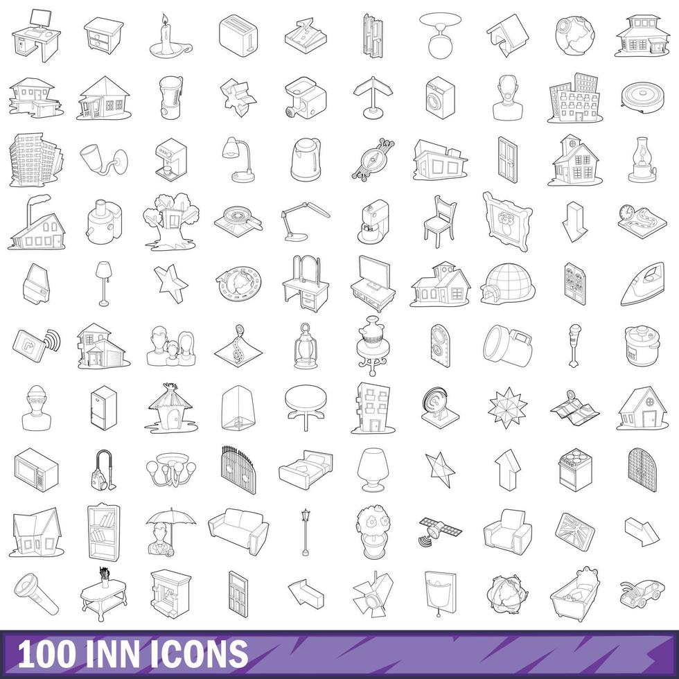 conjunto de 100 ícones de pousada, estilo de estrutura de tópicos vetor