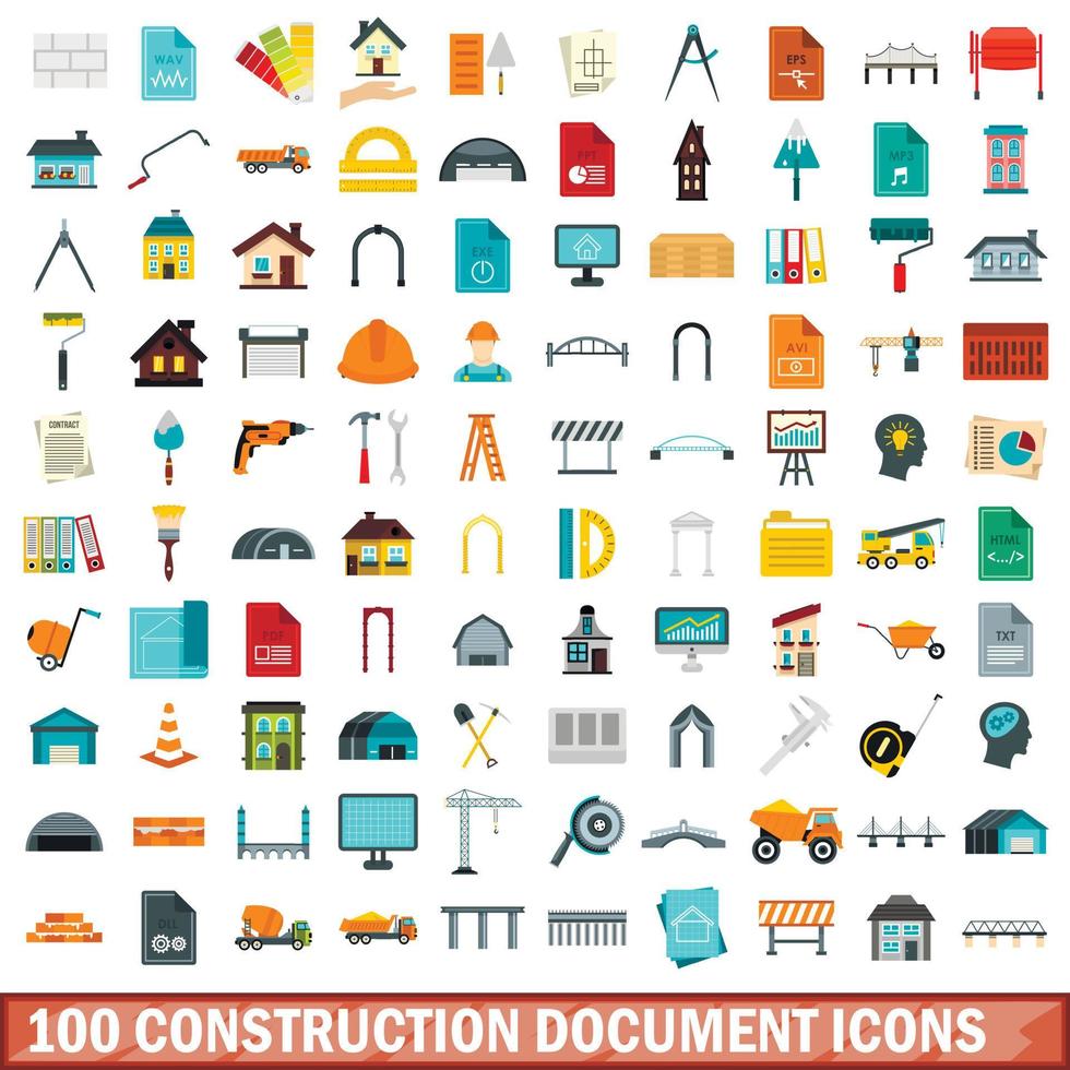 conjunto de 100 ícones de documentos de construção, estilo simples vetor