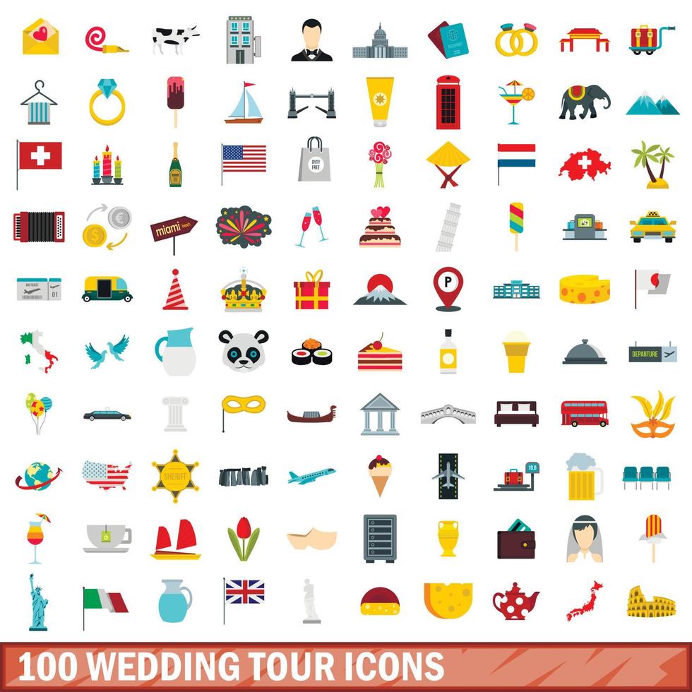 Conjunto de 100 ícones de tour de casamento, estilo simples vetor