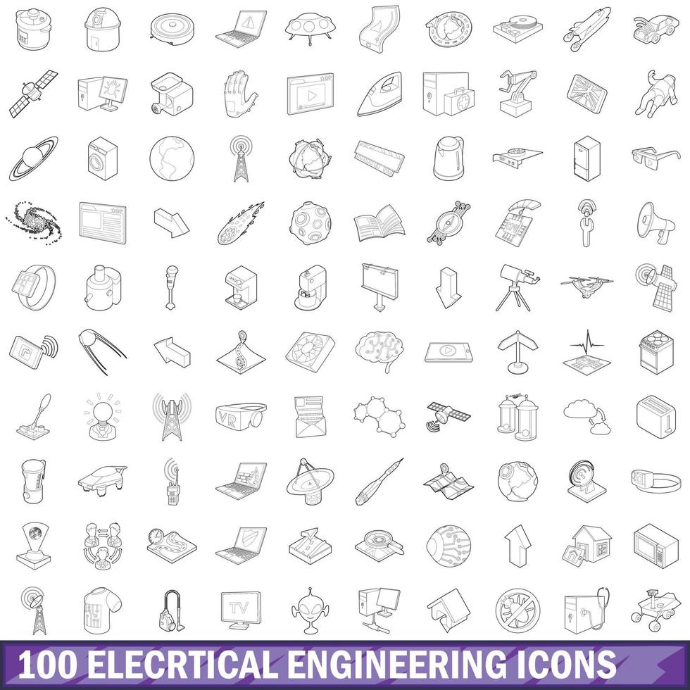 100 ícones de engenharia elétrica definir contorno vetor