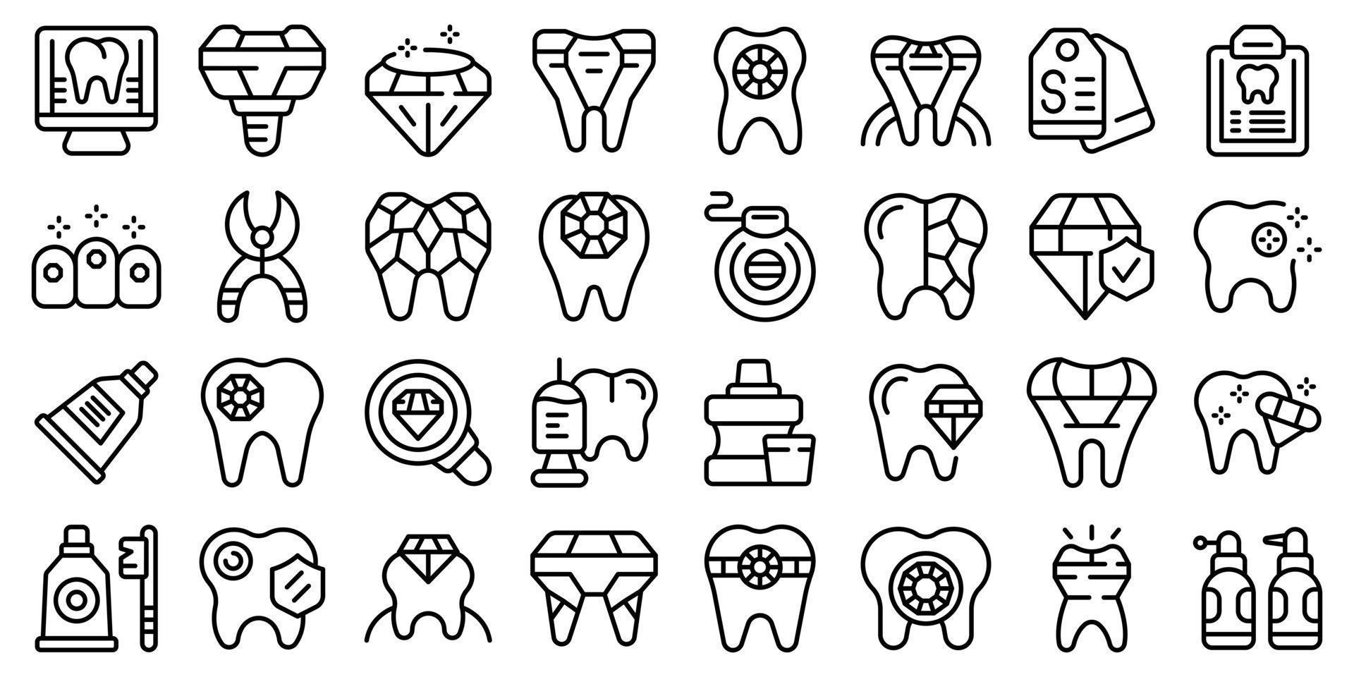 ícones de gemas de dente definir vetor de contorno. cuidado dental