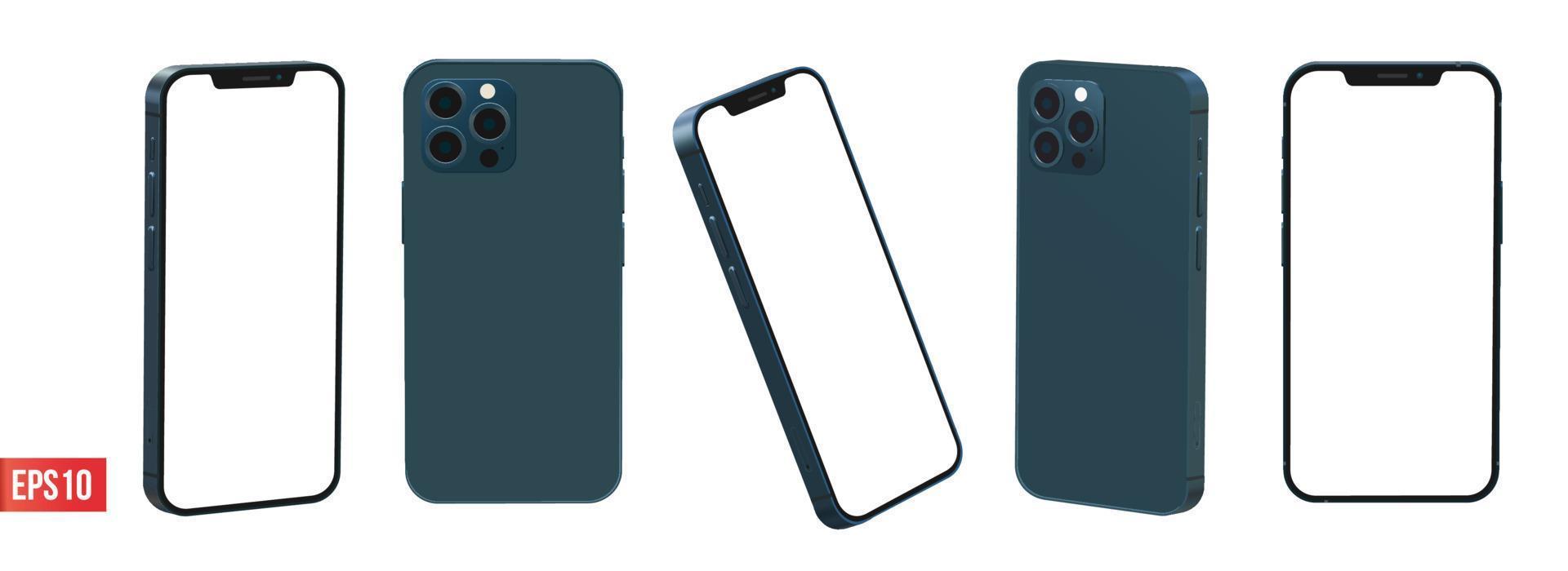iphone 12 pro max pacífico cor azul 3d conjunto de maquete de vetor realista