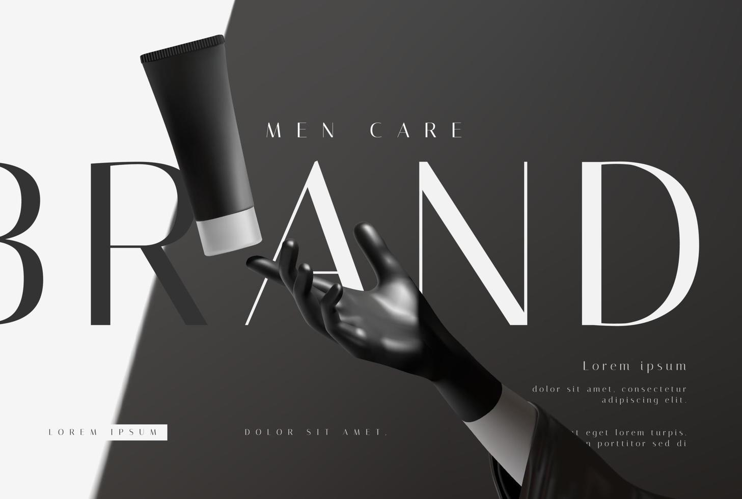 cosmético preto e branco elegante, protetor solar, modelo de apresentação de anúncios de produtos de cuidados masculinos. Gesto de mão realista 3D render ilustração vetorial vetor